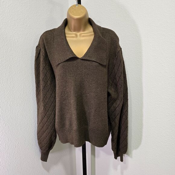 Brown Sweater Womens Size XXL Plus Peter Pan Collar Balloon Puff Sleeve Ryegrass - Picture 1 of 8